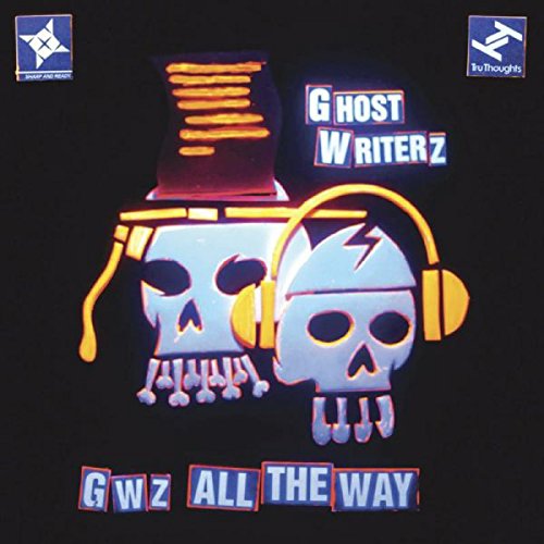 Album cover with two skulls wearing headphones on a black background.