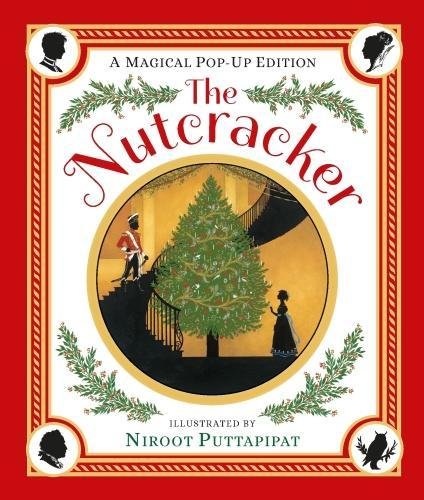 "Book cover of 'The Nutcracker' featuring a child and Christmas tree in a staircase scene."