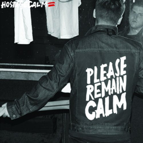 "Album cover with a man wearing a denim jacket with 'PLEASE REMAIN CALM' on the back."