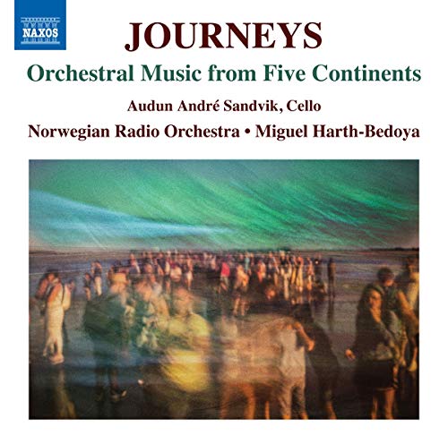 "CD cover with 'Journeys' title and blurry image of people under green sky."
