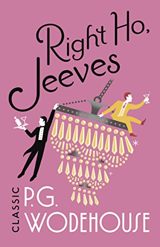 "Book cover with pink background, diamond ring, and title 'Right Ho, Jeeves' in black and yellow."
