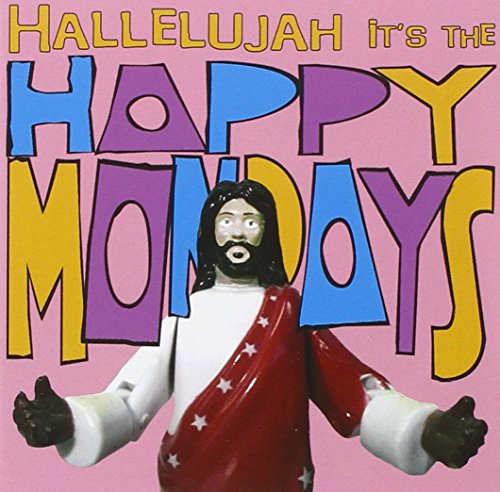 "Album cover featuring figurine of Jesus with outstretched arms, pink background, colorful text."