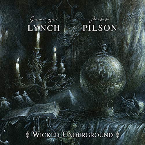 Dark album cover art featuring a globe, candelabra, and twisted roots, with text overlay.