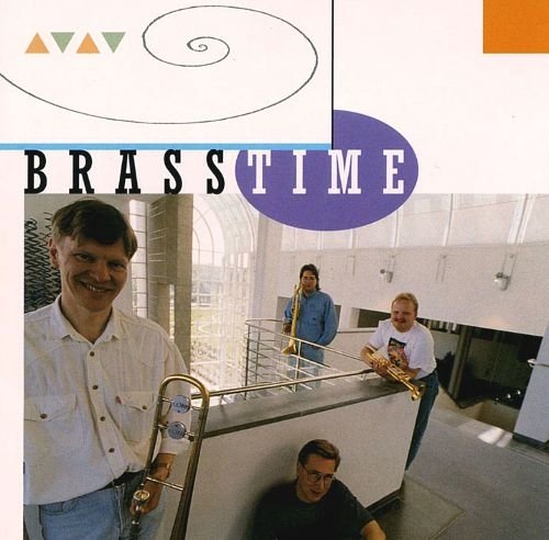 "CD cover featuring four men holding trumpets, with 'BRASSTIME' text."