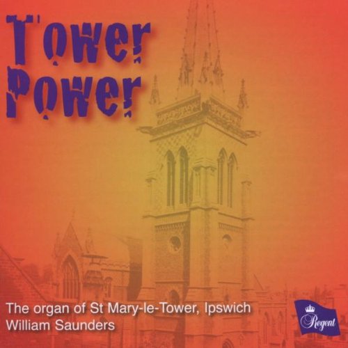 "CD cover with a church tower and red-orange background, titled 'Tower Power'."