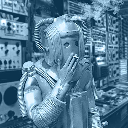 A person in a metallic space suit smokes a cigarette in a room full of synthesizers.
