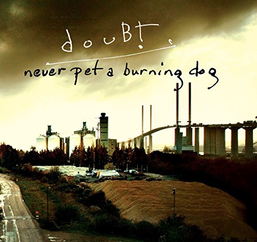 Album cover with industrial landscape and handwritten text "doubt: never pet a burning dog".