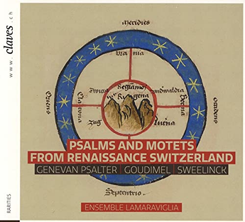 "CD cover featuring a medieval-style illustration of mountains within a blue starry circle."