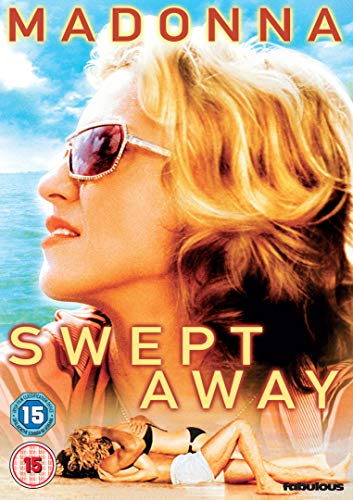 DVD cover for "Swept Away" featuring Madonna in sunglasses against a beach background.