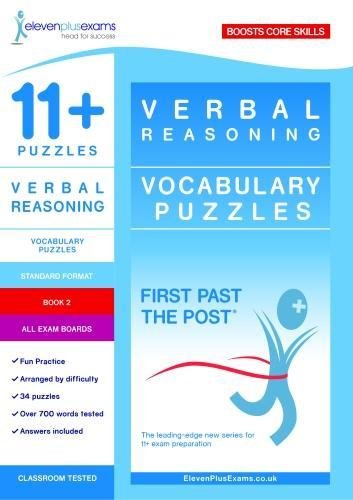 The image shows a book cover for "11+ Puzzles Vocabulary Puzzles Book 2". The cover is light blue and white, with a red banner and blue text.