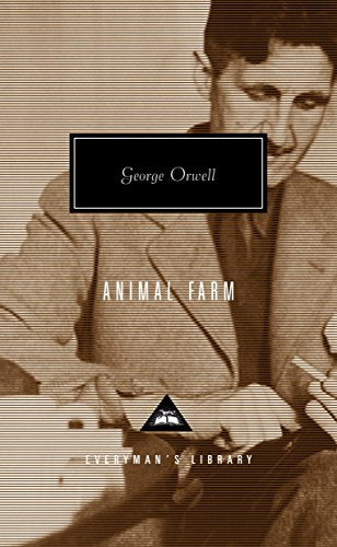"Book cover of 'Animal Farm' featuring sepia-toned image of George Orwell writing."