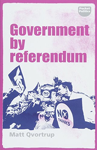 "Book cover with 'Government by referendum' in pink text, protesters holding 'No' signs below."