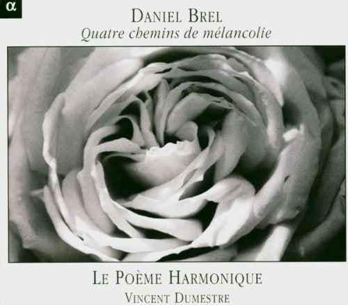 A black-and-white rose image on a CD cover with white text and a small black square.