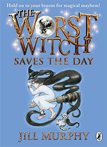 Book cover with a girl on a broomstick, blue background, and sparkles.