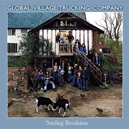 "Album cover with people outside a house, surrounded by goats and chickens, on a blue background."