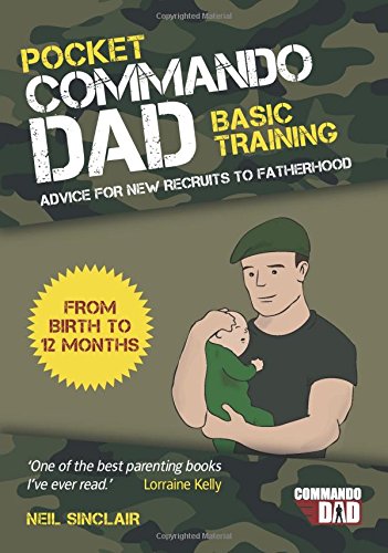The image depicts a book cover with a cartoon man holding a baby, featuring a camouflage pattern.