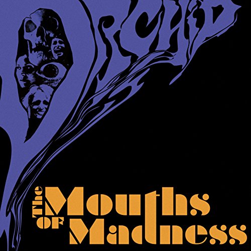 "Album cover with hooded figure and multiple faces, titled 'The Mouths of Madness'."