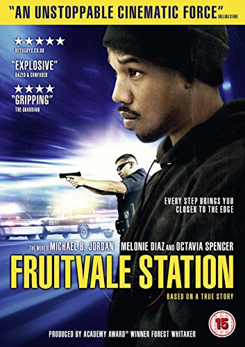 DVD cover for "Fruitvale Station" featuring a man with a gun and police officer.