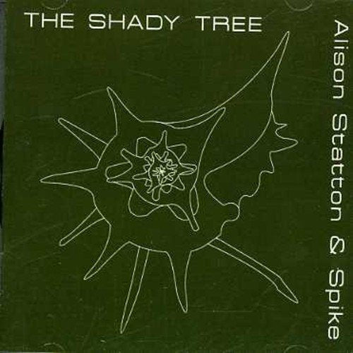 "Album cover with a black background, white outline of a leaf-like shape, and artist's names."