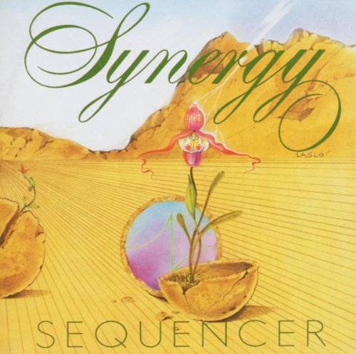 "Album cover art with desert landscape, flower, and reflective sphere, titled 'Synergy Sequencer'."