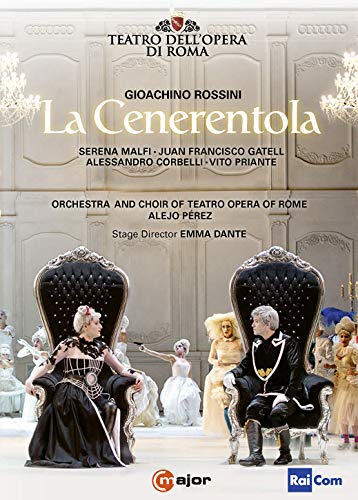 "DVD cover for 'La Cenerentola' featuring two actors on ornate thrones, surrounded by others."
