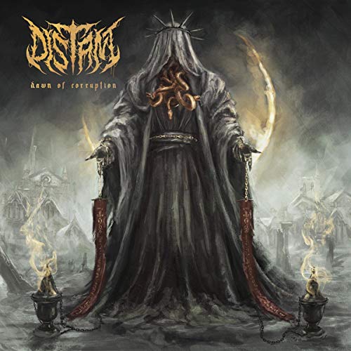 "Album cover art: hooded figure with snakes, holding torches, in a dark, misty landscape."