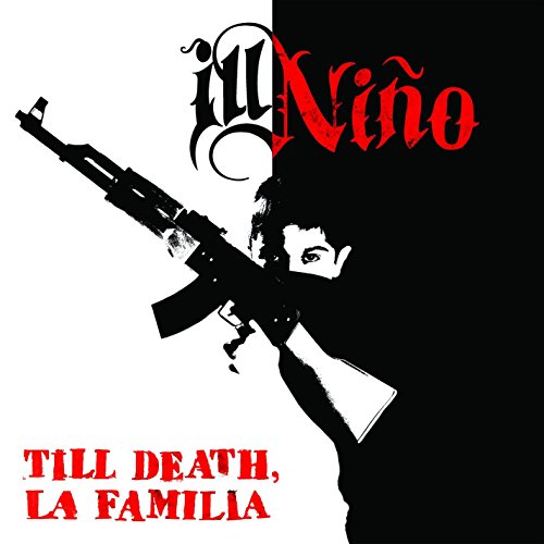 Album cover with a man holding a rifle, split black and white background.