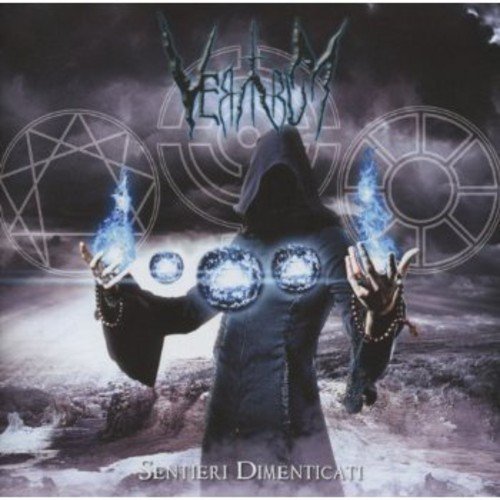A hooded figure with glowing orbs on their chest, holding blue flames, on a dark album cover.