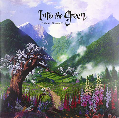 "Album cover with fantasy landscape, tree, fairies, and mountains."