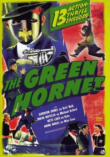 "The Green Hornet DVD cover featuring a masked man and action scenes."