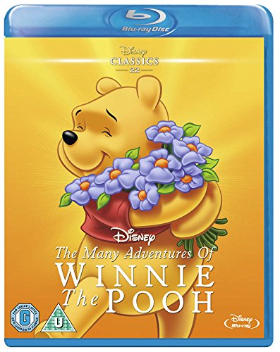 "Blu-ray cover featuring Winnie the Pooh with purple flowers against a yellow background."