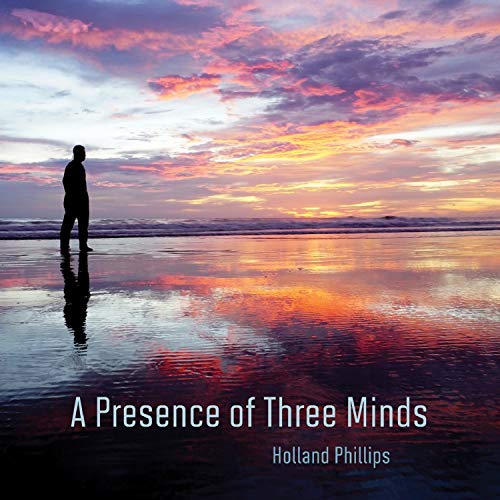 "Album cover with a person standing on a beach at sunset, reflective water."