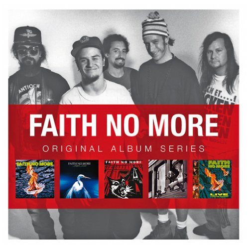 "Faith No More album cover with band members and five album artwork images."