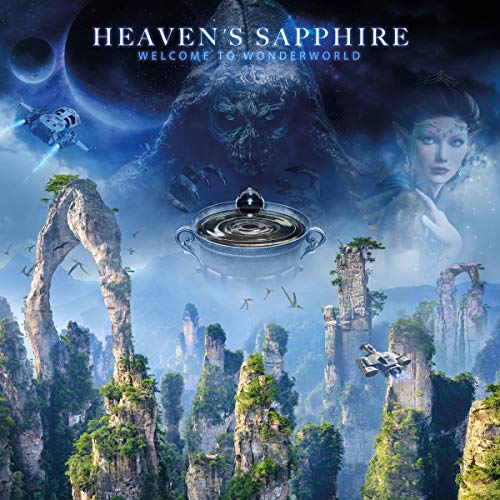 The image depicts a fantastical scene with a title "Heaven's Sapphire - Welcome to Wonderworld" at the top. To describe this image in a concise alt text, it would be: "Vinyl album cover with fantasy landscape, spaceship, and female figure."