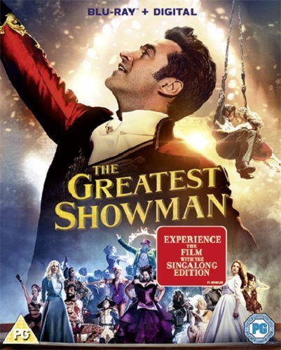 "Blu-ray case for 'The Greatest Showman' with man in red coat and performers."