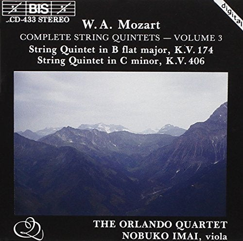 Black CD cover with mountain landscape image and white text describing Mozart string quintets.