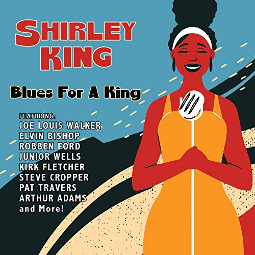 "Album cover featuring cartoon woman in yellow dress holding microphone, blue background."