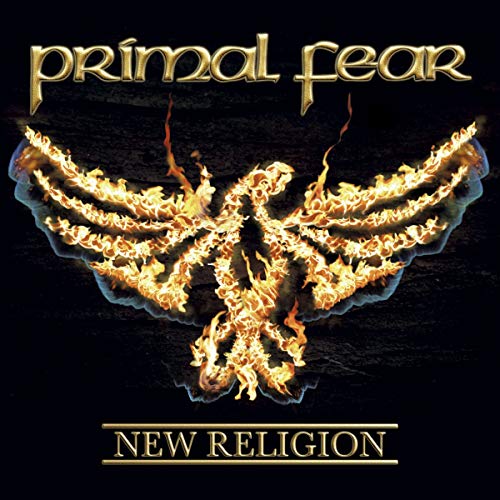"Album cover with a fiery eagle on a black background, titled 'New Religion' by Primal Fear."