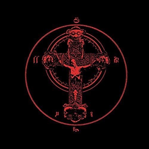 Red inverted cross illustration with occult symbols on a black background.