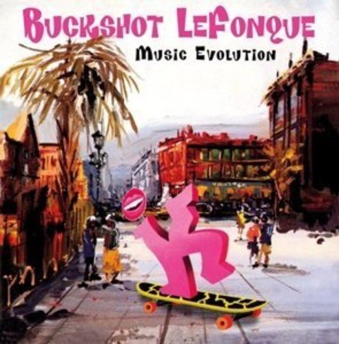 "Album cover with pink figure on skateboard, 'Buckshot Lefonque - Music Evolution' in pink and black."