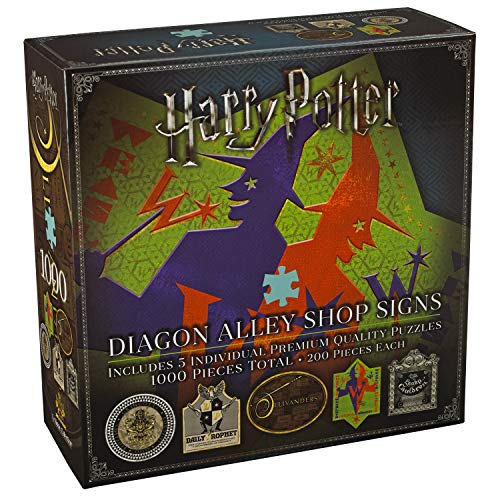 "Box of Harry Potter jigsaw puzzles featuring Diagon Alley shop signs, 1000 total pieces."