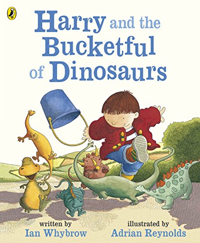 "Children's book cover featuring a boy and dinosaurs, with title 'Harry and the Bucketful of Dinosaurs'."