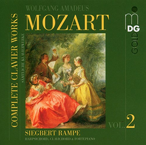 "Mozart CD cover with 18th-century painting of people dancing in a forest, green background."