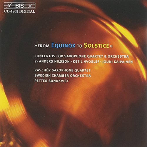 "CD cover with abstract golden background and white text describing concertos for saxophone."