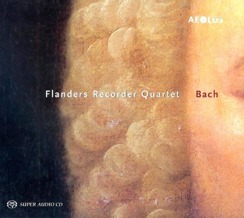 CD cover with abstract beige and black background, featuring "Flanders Recorder Quartet Bach" text.