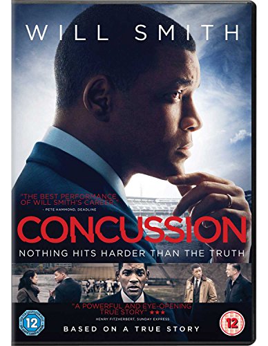 DVD cover for "Concussion" featuring Will Smith in a suit, with red title text.