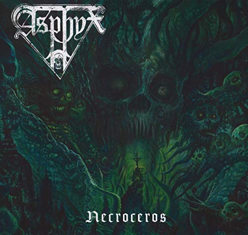 "Album cover art with dark, green-toned skulls and 'Asphyx' and 'Necroceros' text."