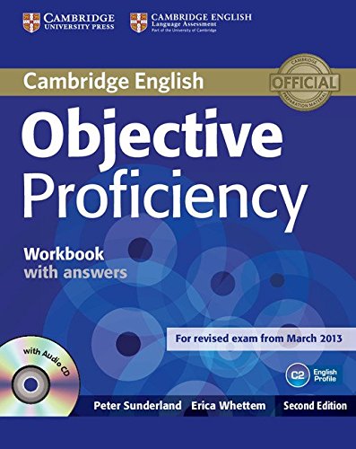"Blue book cover with 'Objective Proficiency' title, CD image, and 'Cambridge English' logo."