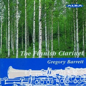 "CD cover featuring a forest and a white clarinet illustration on blue background."