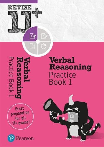"Pink and white book cover with cartoon monster and 'Verbal Reasoning Practice Book 1' text."
